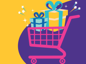 A colorful illustration of a shopping cart filled with wrapped gifts, featuring blue and yellow boxes adorned with bows, set against a bright yellow and purple background with sparkling effects.