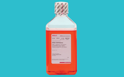 Cell culture buffer bottle on cyan background Cell culture buffer bottle on cyan background