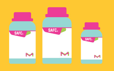 Three stylized bottles in varying sizes, featuring a bright color scheme with pink lids and a yellow background, representing the branding of our SAFC product line. Three stylized bottles in varying sizes, featuring a bright color scheme with pink lids and a yellow background, representing the branding of our SAFC product line.