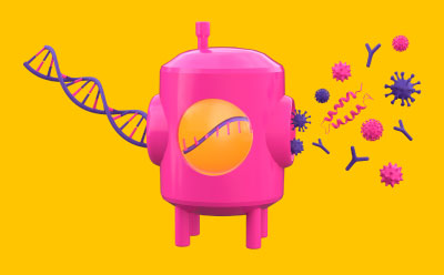 An abstract illustration of a bioreactor with a DNA helix being transformed to an mRNA strand, showing proteins, viruses and monoclonal antibodies as the output. An abstract illustration of a bioreactor with a DNA helix being transformed to an mRNA strand, showing proteins, viruses and monoclonal antibodies as the output.