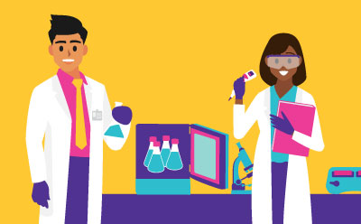 Two laboratory scientists, one holding a flask and the other using a pipette, both wearing lab coats and gloves, set against a bright yellow background with laboratory equipment in the background, symbolizing teamwork in scientific research. Two laboratory scientists, one holding a flask and the other using a pipette, both wearing lab coats and gloves, set against a bright yellow background with laboratory equipment in the background, symbolizing teamwork in scientific research.