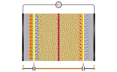 Supercapacitors Example of a supercapacitor made from two electrodes, an electrolyte, and a separator to allow the transfer of ions, while keeping the polarizing electrodes separate.