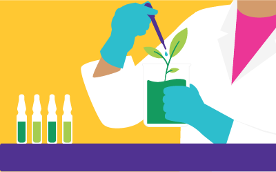 一位科学家向烧杯中生长的植物滴加一滴水。科学家的左边有四个装满绿色液体的容器。 一位科学家向烧杯中生长的植物滴加一滴水。科学家的左边有四个装满绿色液体的容器。