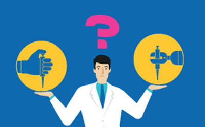 A person considering different sampling options (manual and automated) for a (bio-)pharmaceutical process, depicted by holding icons representing each option in their hands A person considering different sampling options (manual and automated) for a (bio-)pharmaceutical process, depicted by holding icons representing each option in their hands