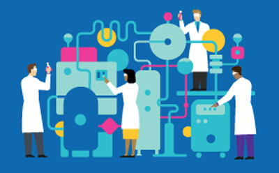 Symbolic depiction of a (bio-)pharmaceutical process with persons in lab coats working, possibly taking samples Symbolic depiction of a (bio-)pharmaceutical process with persons in lab coats working, possibly taking samples