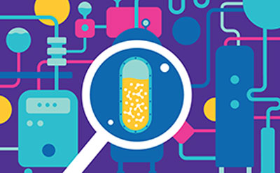Illustration of a Bioprocess highlighting Bioreactor sampling Magnifying glass showing the inside of a bioreactor surrounded by shapes depicting other bioprocess equipment