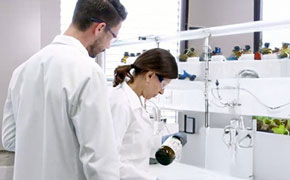 In a bright and modern laboratory, two scientists wearing white lab coats and safety goggles are engaged in an analytical procedure. The female scientist in the foreground, with dark brown hair tied back, is carefully holding a dark amber glass bottle with a black cap, tilting it slightly as she examines its contents. The male scientist standing beside her, with short brown hair and a beard, observes her actions attentively. The background features a well-organized laboratory bench with white shelves lined with multiple brown glass reagent bottles, some with blue and yellow caps. Stainless steel laboratory fittings, including a faucet and tubing system, are mounted on the wall. Large windows allow ample natural light to illuminate the workspace, emphasizing a clean, sterile environment. In a bright and modern laboratory, two scientists wearing white lab coats and safety goggles are engaged in an analytical procedure. The female scientist in the foreground, with dark brown hair tied back, is carefully holding a dark amber glass bottle with a black cap, tilting it slightly as she examines its contents. The male scientist standing beside her, with short brown hair and a beard, observes her actions attentively. The background features a well-organized laboratory bench with white shelves lined with multiple brown glass reagent bottles, some with blue and yellow caps. Stainless steel laboratory fittings, including a faucet and tubing system, are mounted on the wall. Large windows allow ample natural light to illuminate the workspace, emphasizing a clean, sterile environment.