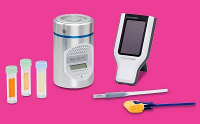 A collection of environmental and hygiene monitoring tools for beverage testing, featuring the MAS-100® ECO air sampler, MVP ICON® microbial verification system, swabs, and dip slides