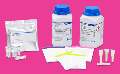 A selection of microbiology quality control materials for beverage testing, including ready-to-use media, CRM discs, and dehydrated culture media