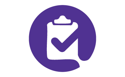 Global regulatory compliance A purple circle with a clipboard and checkmark, symbolizing compliance with global regulations.