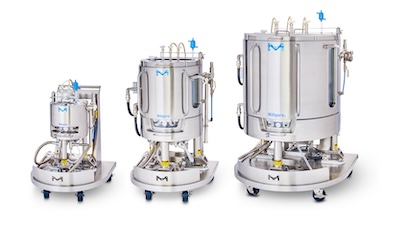 Three sizes of Mobius<sup>®</sup> ADC Reactor: 10, 100, 500 L 3 sizes of stainless steel Mobius® ADC reactors, 10 L on the left, 100 L in the middle, and 500 L to the right