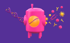 Cell line and bioreactor producing antibodies and viruses Pink bioreactor depicting high-producing cell line on purple background