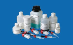 Cytiva™ Products An assortment of Cytiva™ laboratory products used for drug discovery research and therapeutics bioprocess manufacturing. The products are arranged on a blue background and include Whatman<sup>®</sup> lab filtration bottles, Amersham™ chromatography columns and resins, and other reagents.