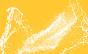 Meglumine EMPROVE® Spray of powder and liquid in front of a yellow background.