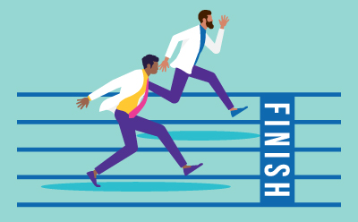 Scientists in lab coats sprinting towards a finish line, illustrating in an abstract way speed in a process.
