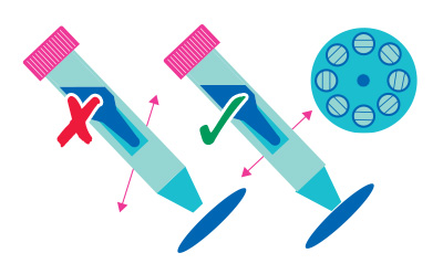 Two laboratory tubes are depicted side by side. The left tube has a red "X" mark, indicating an incorrect position, while the right tube has a green checkmark, signifying the correct orientation. A circular component with multiple holes is shown in the background.