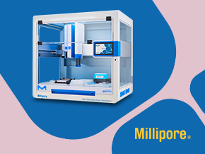 a modern laboratory instrument displayed against a vibrant turquoise and yellow background. The device, labeled with the Millipore logo, features a transparent casing and blue accents, showcasing its advanced technology. The instrument appears to be designed for precision tasks in a scientific environment, emphasizing innovation and functionality. The Millipore branding is prominently featured in the bottom right corner.