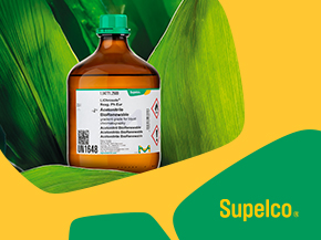 featuring a brown glass bottle with a green cap, labeled with safety and usage information. The bottle is set against a backdrop of vibrant green leaves, emphasizing a natural theme. The Supelco logo is displayed in the bottom right corner, highlighting the brand associated with the product.