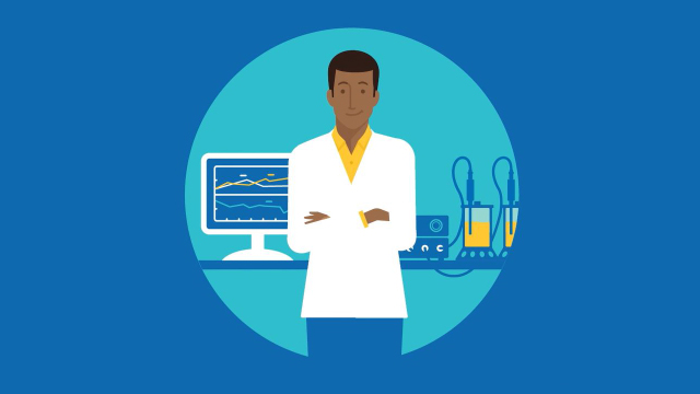 <p>拉曼PAT平台</p> Scientist standing in front of a computer monitor displaying graphs and a table with medical equipment, all encapsulated within a circular blue background.