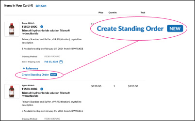 Create a standing order The create standing order button in the checkout process.