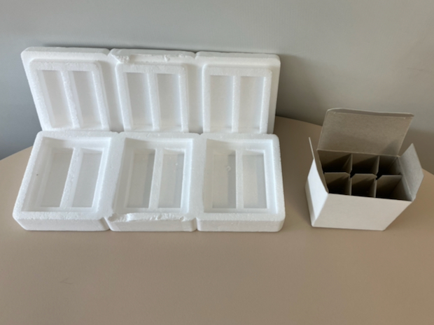 eps vs cardboard dividers On the left, a box with EPS dividers appears. On the right, a box appears with cardboard dividers.