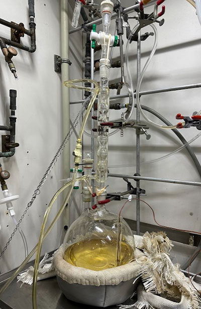 Round-bottom flask Round-bottom flask sits on a lab bench with tubes coming out in every direction. The liquid inside appears to be an off-yellow color.