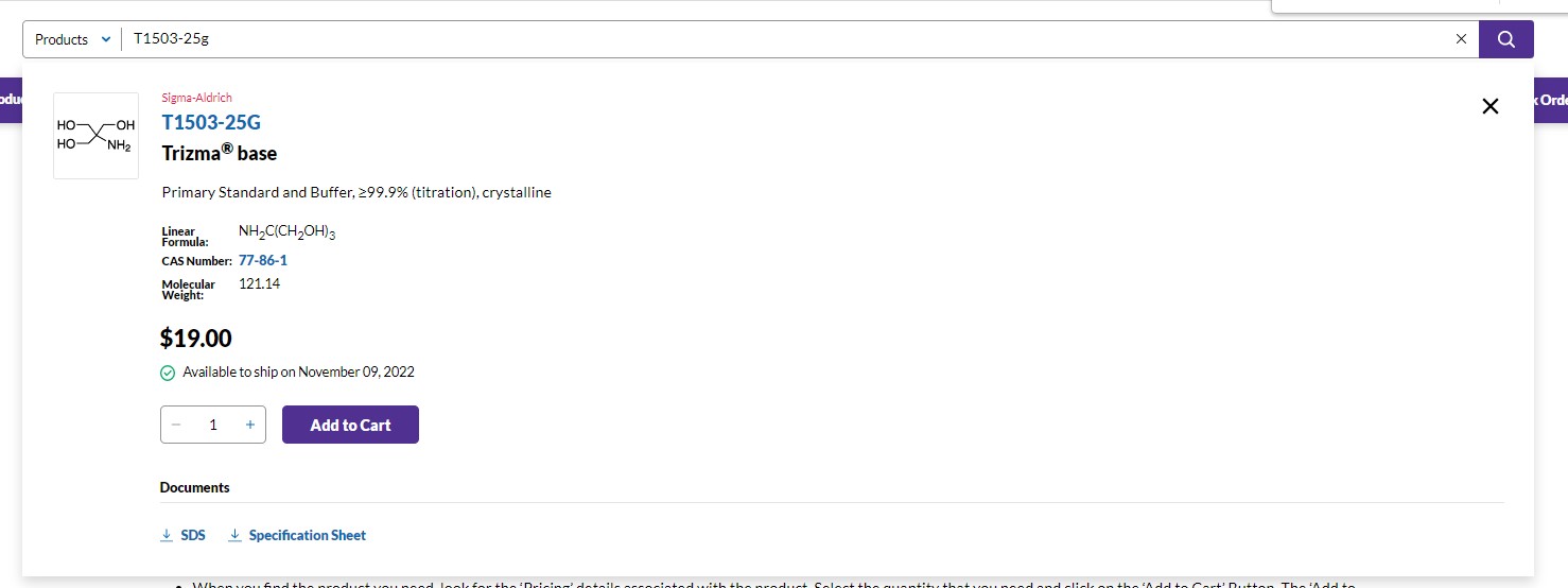 Product Search Bar Quick view of product information from the search bar