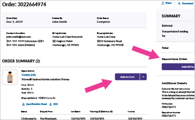 Repurchase Button Location Location of the repurchase buttons on the order detail page