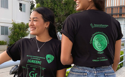 Student Leaders Two female students wearing T-shirts for the non-profit organization Beyond Benign