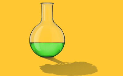 Transform Your Lab Green Analytical Chemistry 黄色背景的绿色液体培养瓶,映射出树的形状