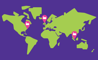 3 Sites Around the Globe Illustration of a map with 3 pins showing our global footprint: Rockville, MD, USA, Glasgow, and Singapore