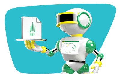Access a Database of digital Reference Materials (dRMs) A 3D-rendered robot with a white body, yellow arms, and green accents is holding a tray in its left hand. On the tray, there is a bar graph with the label “R.E.F.” The robot also has a screen on its chest displaying three green battery icons and two curved lines resembling a Wi-Fi signal. The background is green with a slight gradient effect.