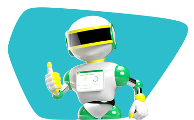 ChemisTwin™ Portal Knowledge Centre The image is a 3D rendering of a robot with a humanoid shape. The robot has a white body with green arms and legs, yellow bands around the joints, and a black visor that appears to be its eyes. The background is purple, and the robot is gesturing towards its chest screen, which displays an application with text.