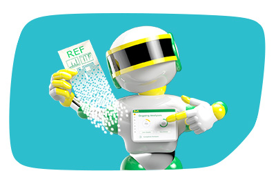 IR Analysis A graphic of a stylized robot with a white body, green joints, and yellow accents on its head and hands. The robot is holding a magnifying glass in one hand, examining a molecular structure that is floating in the air to its right. The molecular structure consists of black lines representing bonds between red, white, and grey spheres which represent oxygen, hydrogen, and carbon atoms respectively.