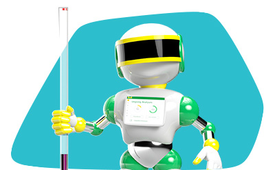 NMR Analysis The image displays a 3D animated character that resembles a robot. The robot has a white body with green accents on the joints and headband, and a large black visor where eyes would typically be. On the chest of the robot, there is a square with rounded corners displaying a checkmark symbol. The background is yellow, and the robot is giving a thumbs-up gesture with its right hand.