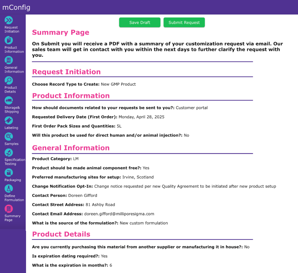 A Summary Page displaying all selections made mConfig™ 配置器摘要页面显示已完成的定制申请表的截图。它包括已提交的请求启动、产品信息、一般信息和产品详细信息。顶部的绿色按钮允许用户保存草稿或提交请求。摘要包括产品类型、交货日期、包装尺寸、生产地点、联系方式和配方来源等输入信息。
