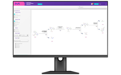 SYNTHIA Screen View SYNTHIA™ Retrosynthesis 软件屏幕视图,显示化合物合成的详细路径。