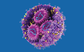 Drug Product – mRNA Encapsulated in LNP 病毒颗粒的放大彩色图,包含突起和球形,深蓝色背景。