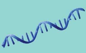 Drug Substance – mRNA Molecule 蓝色 DNA 链抽象画,在浅绿色背景下呈光滑的波浪状。