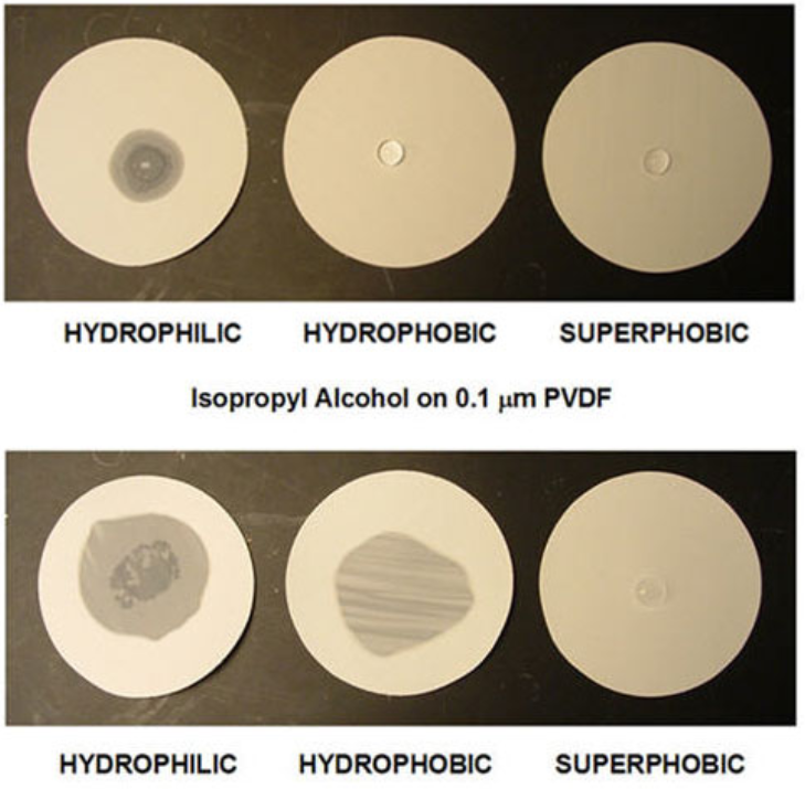 Hydrophilic, hydrophobic, and superphobic membranes Water droplets on hydrophilic, hydrophobic, and superphobic membrane filters