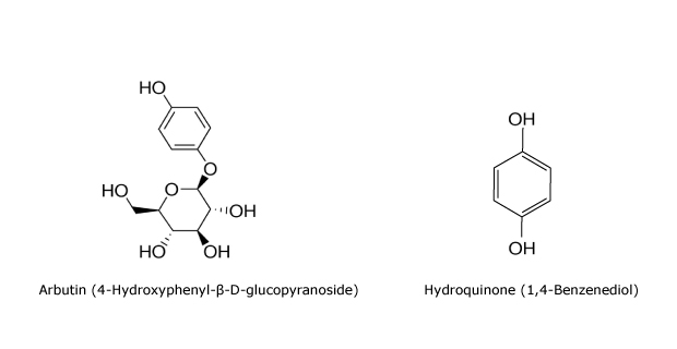 Arbutin and Hydroquinone Two images- on the left bond line chemical structure of arbutin and on the right bond line chemical structure of hydroquinone