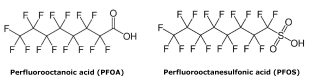 Chemical structures of PFAS compounds, PFOA and PFOS Chemical structures of two PFAS compounds, perfluorooctanoic acid (PFOA) and perfluorooctanesulfonic acid (PFOS)