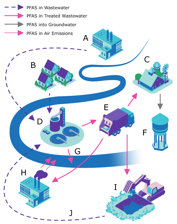 PFAS pathways and persistence in the environment Illustration showing PFAS release from industry to water, air, soil, wastewater treatment, agriculture, and groundwater contamination routes.