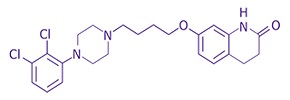 Chemical structure aripiprazole A chemical structure diagram featuring a series of interconnected atoms, including chlorine (Cl), nitrogen (N), carbon (C), oxygen (O), and hydrogen (H). The structure is depicted in a simple, clear format, emphasizing the arrangement of the molecules.