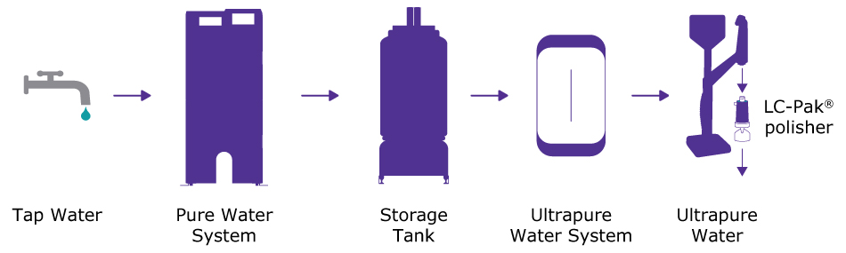 Water purification schematic from tap to pure to ultrapure water Schematic depicting the water purification process from tap water to a high-throughput pure water system to a storage tank to an ultrapure water system and dispenser with a final polisher