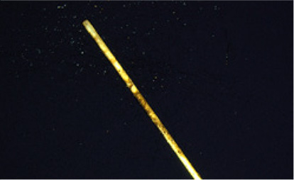 Photo of Overcoated SPME Fiber After Repeated Extractions An image of a long, thin, yellowish rod or stick against a dark background. The rod appears to be illuminated, highlighting its surface texture, which shows some irregularities. Small particles or specks of light are visible around the rod, suggesting either dust or a mist in the air, creating a sense of depth in the image. The overall composition emphasizes the rod's length and the contrast between its color and the dark backdrop.