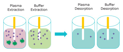 Representation of the extraction (left) of free unbound analyte from plasma (pink) and buffer (blue) onto the Supel™ BioSPME 96-Pin device and their release into the desorption solution (right). Representation of the extraction (left) of free unbound analyte from plasma (pink) and buffer (blue) onto the Supel™ BioSPME 96-Pin device and their release into the desorption solution (right).
