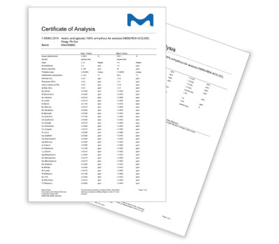 Certificate of Analysis Emsure overlapping pages of a Certificate of Analysis (CoA) for an EMSURE® product, featuring the Merck logo prominently at the top. The document lists various analytical parameters and corresponding batch-specific values in a detailed table format. Each parameter includes measured values along with regulatory compliance limits for comparison. The impurity profile is thorough, emphasizing the high quality of EMSURE® products, which offer maximum specifications with minimal impurities.