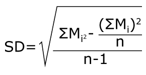 Equation for standard deviation Equation to determine standard deviation (SD), defined as the square root of the sum of the mass of the individual weight measurements squared minus the sum of the mass of the individual weight measurements squared over the number of measurements, over n minus 1