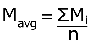 Average mass of aliquots Equation to determine mean mass (M average), as defined by the mass of individual weight measurements in grams (M sub i) divided by the number of measurements (n).